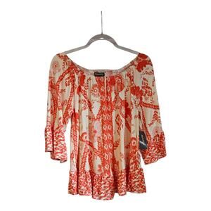Style & Co NWT Womens M Top Orange Cream On/Off Shoulder Neckline Floral Ruffle